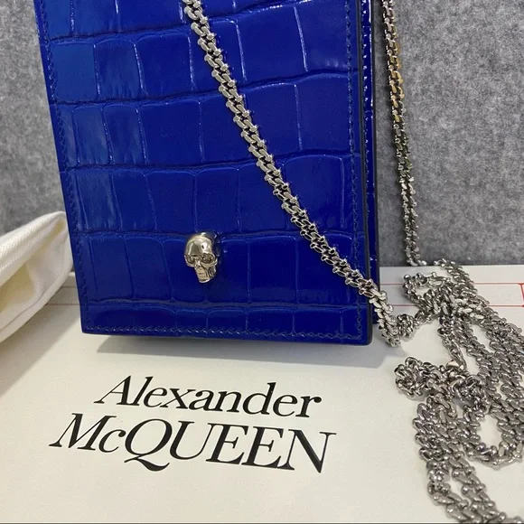 SOLD NWT $690 Alexander McQueen Skull Croc Leather Phone Bag Royal Blue - Picture 2 of 16